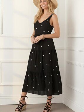 NWT Karen Kane In The Garden Embroidered Tiered Midi Dress Black XS/S